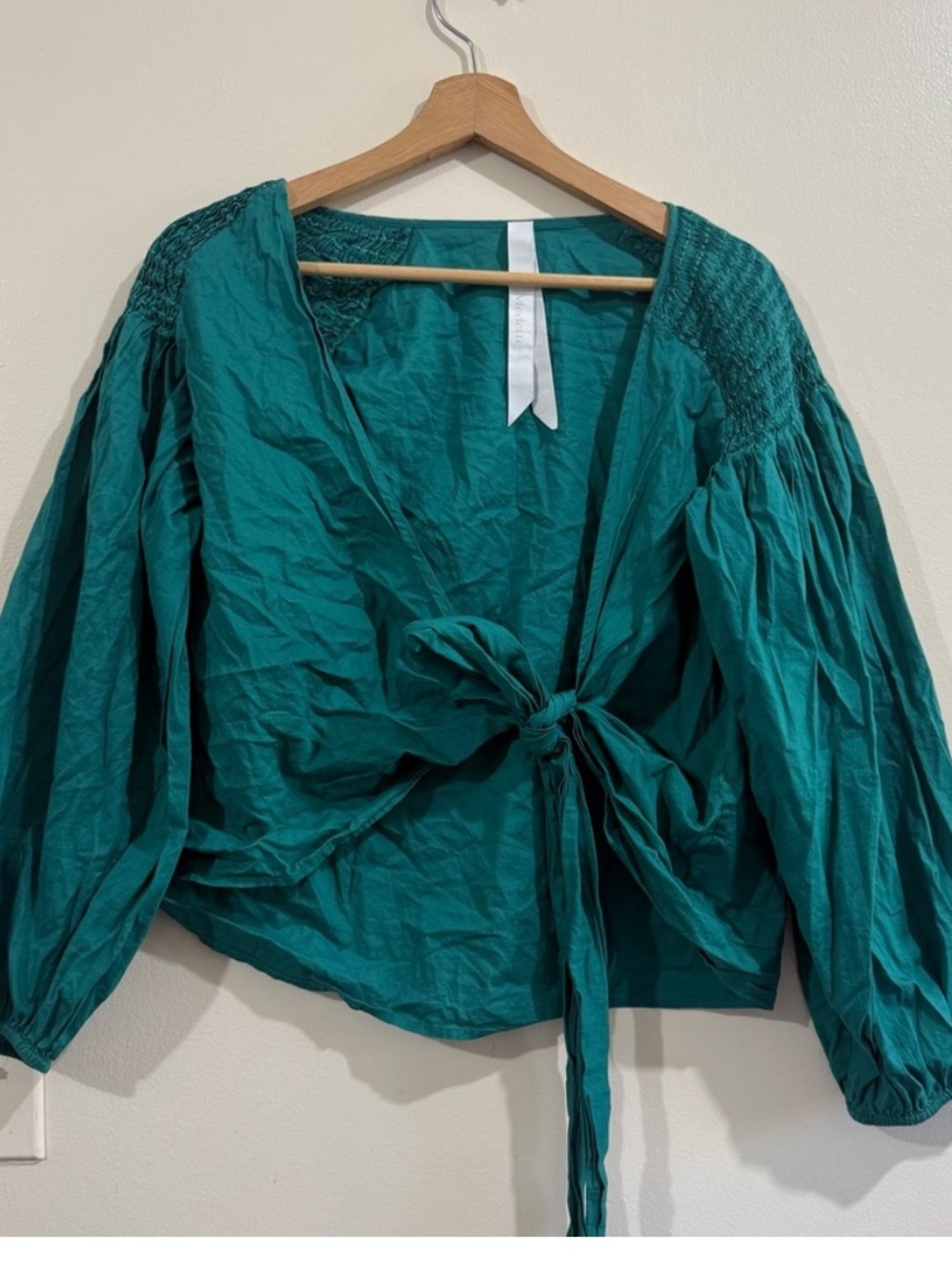 MERLETTE Tie-Front Smocked-Shoulder Blouse in Teal